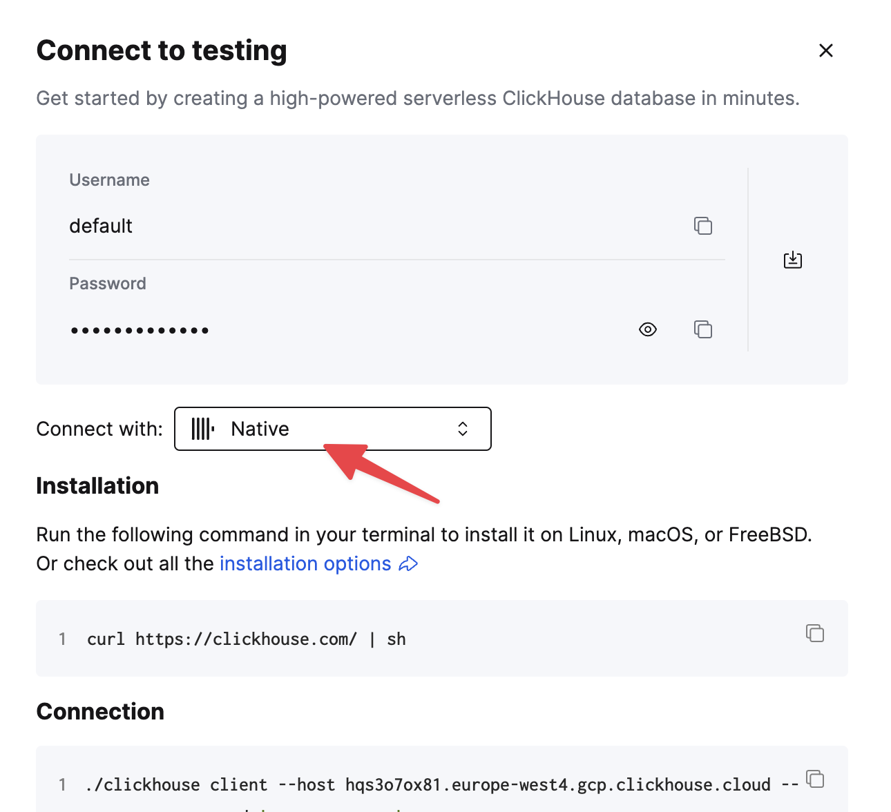 Параметры подключения ClickHouse Cloud Native TCP