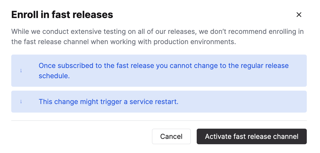 Страница настроек ClickHouse Cloud с опцией подключения к fast releases