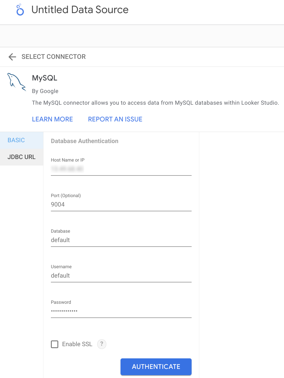 Указание параметров подключения ClickHouse по интерфейсу MySQL в Looker Studio